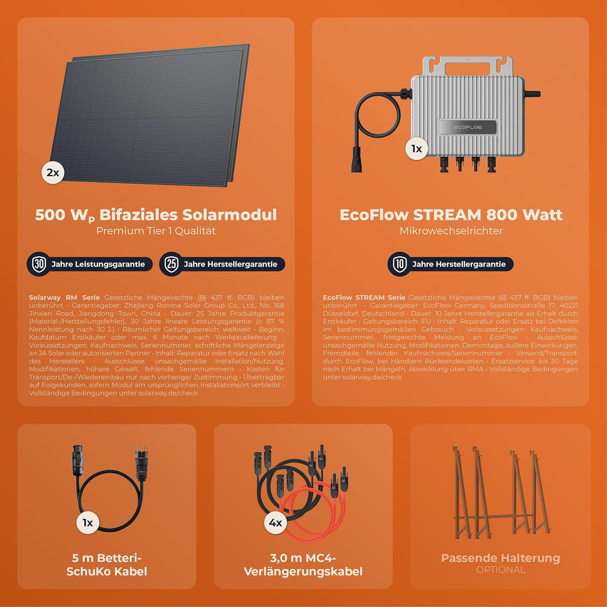 Solarway® 1000Wp / 800W sistema solar para balcón, kit completo para enchufe - nuevo microinversor EcoFlow Stream de 800 vatios - kit completo de sistema solar - paneles solares bifaciales negros de 500W, EcoFlow y accesorios