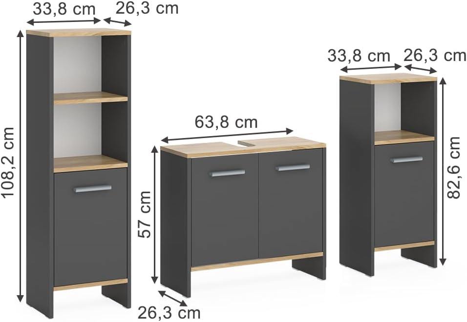 Set de muebles de baño Vicco Karli, antracita/roble dorado, 131.4 cm, compuesto por mueble bajo lavabo, armario con espejo y armario columna