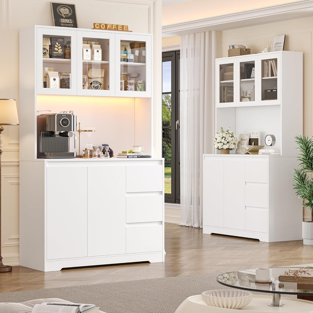 Alacena de cocina FirFurd con LED y regleta, aparador de cocina con encimera y 3 cajones, buffet de cocina con estante ajustable, aparador para cocina, 180x100x38.5 cm, blanco