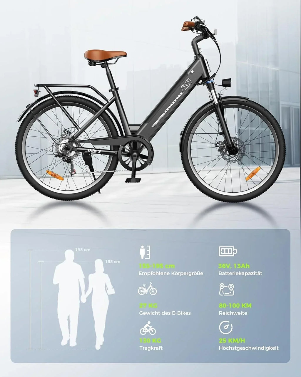 Bicicleta eléctrica urbana UcityS de 26 pulgadas, 250 W, 7 velocidades, autonomía PAS de 55 millas