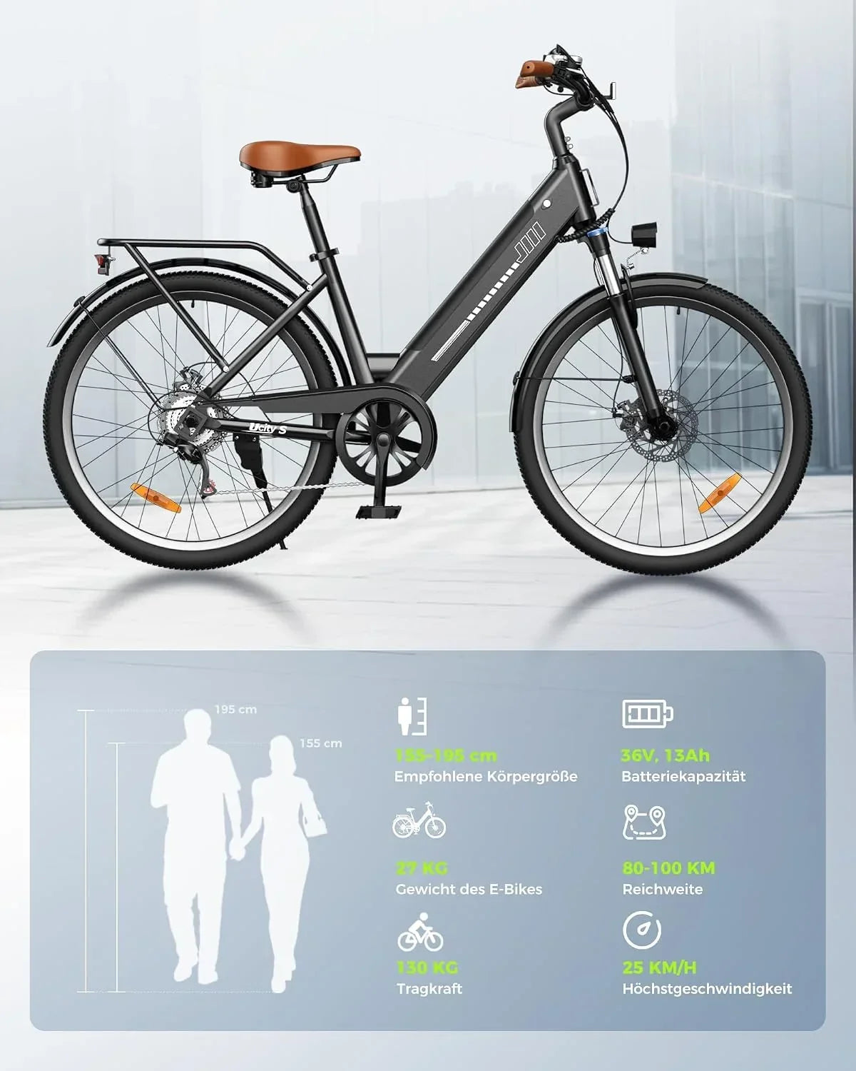 Bicicleta eléctrica urbana UcityS de 26 pulgadas, 250 W, 7 velocidades, autonomía PAS de 55 millas