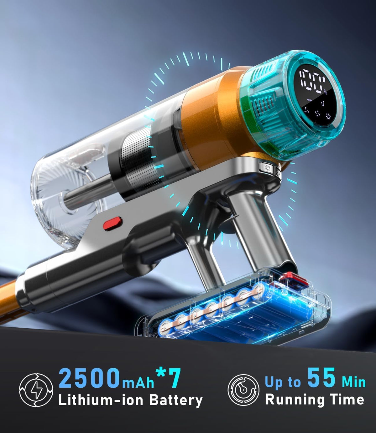 Aspiradora escoba sin cable 55KPA/600W, 55 minutos de autonomía, aspiradora sin cable potente con carga de pared y pantalla inteligente, aspiradora escoba potente para pelo de mascota/alfombras/suelos duros