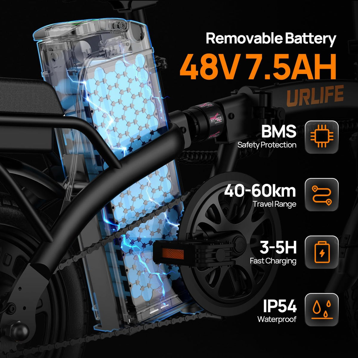 Bicicleta eléctrica plegable URLIFE de 14", batería intercambiable de 48V 7.5Ah para una larga autonomía de hasta 60KM, motor de 250W, 3 modos de conducción, altura del asiento ajustable, pedelec plegable para hombre y mujer
