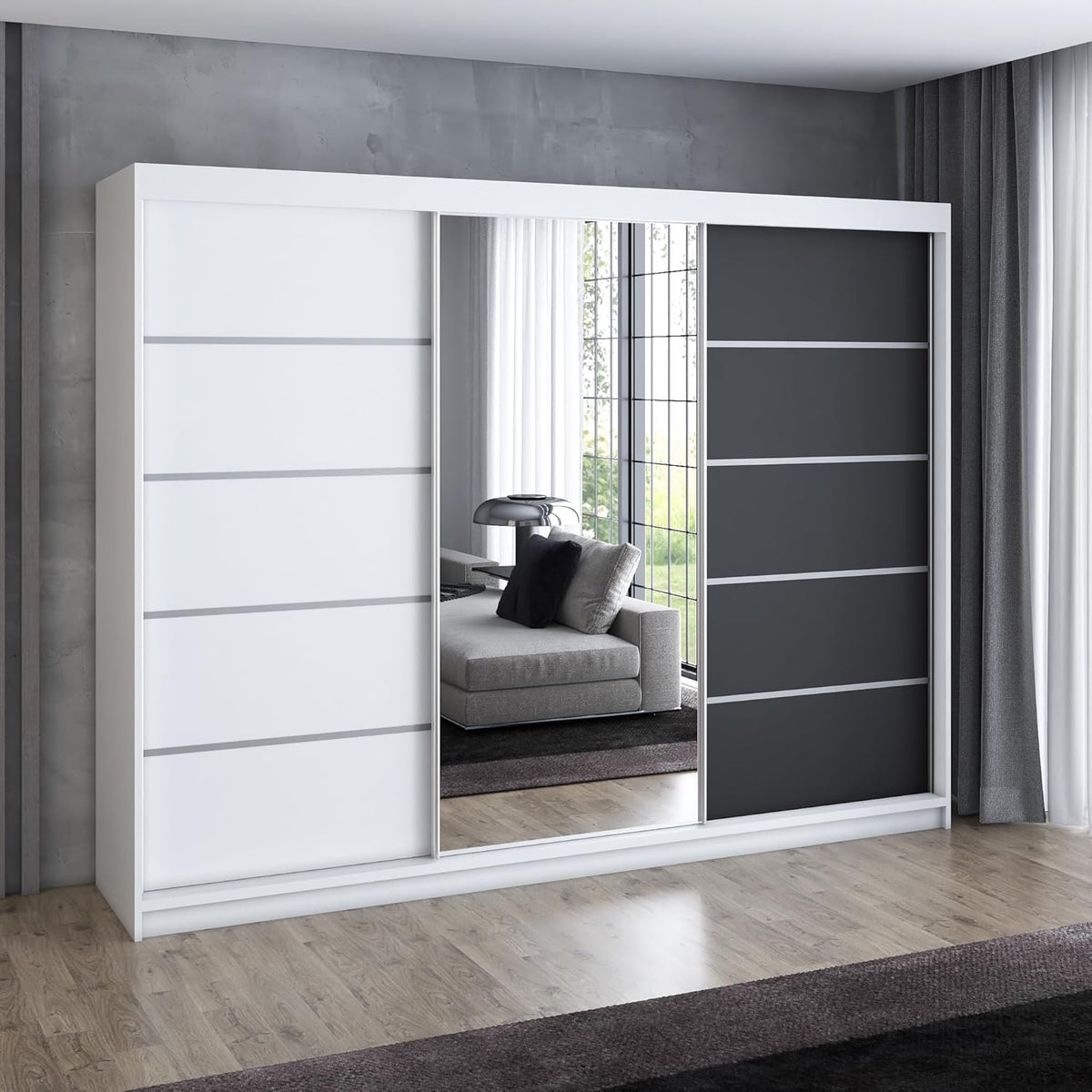 A&J MöbelLand Armario de puertas correderas VILUNO 1, ropero de 3 puertas de 200 cm con espejo, 4 cajones y 2 barras para ropa, armario espacioso para dormitorio (blanco/negro)