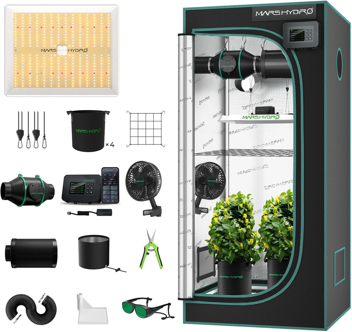 MARS HYDRO Kit completo de tienda de cultivo inteligente con controlador integrado WiFi, lámpara de cultivo TS1000 programable y regulable, caja de cultivo de alta reflectividad 1680D de 80x80x160 cm, kit de ventilación automática de 4"