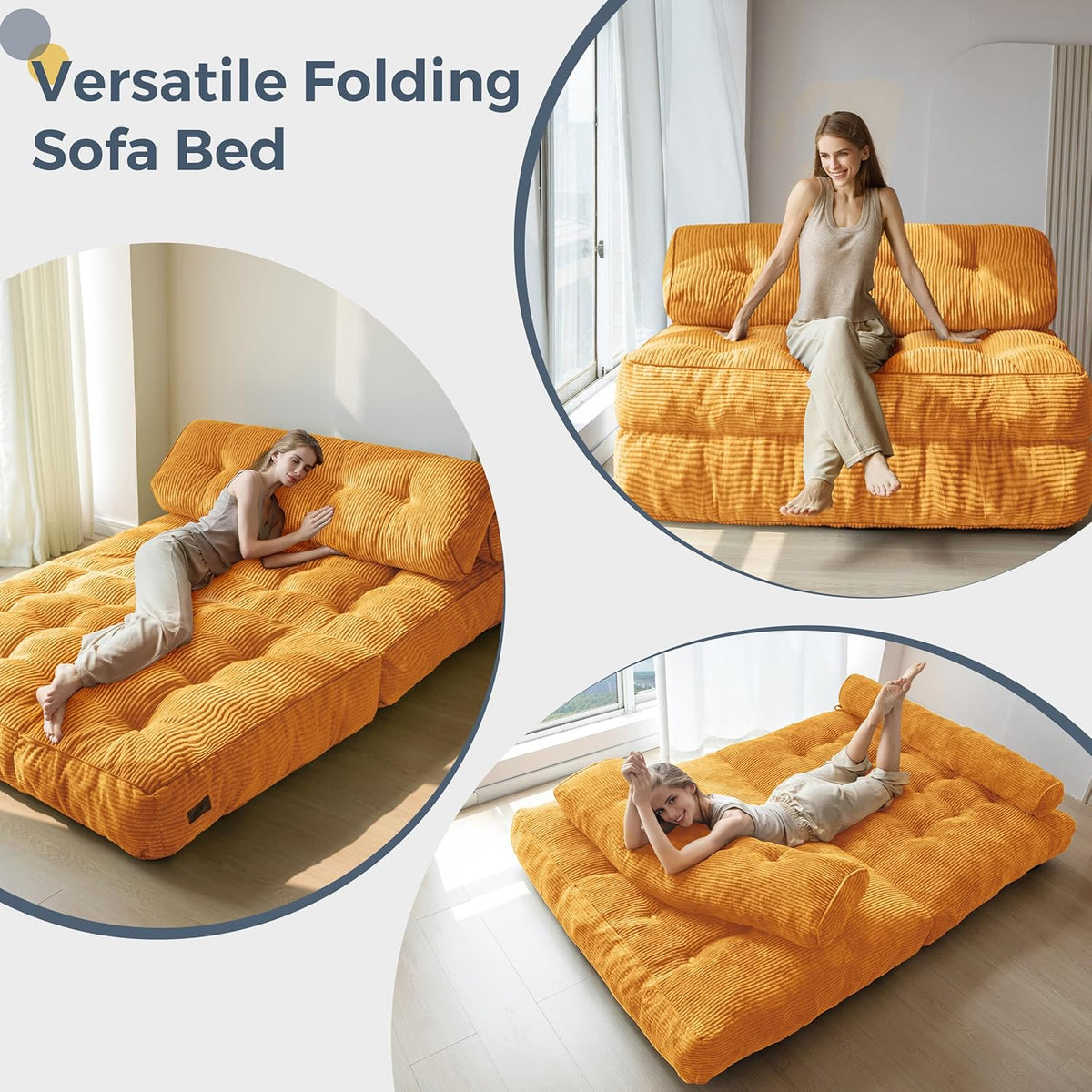 MAXYOYO Sofá cama plegable, sillón convertible con cojín, colchón con soporte para la espalda, silla cama portátil, sofá de suelo cómodo para salón o dormitorio, naranja, doble