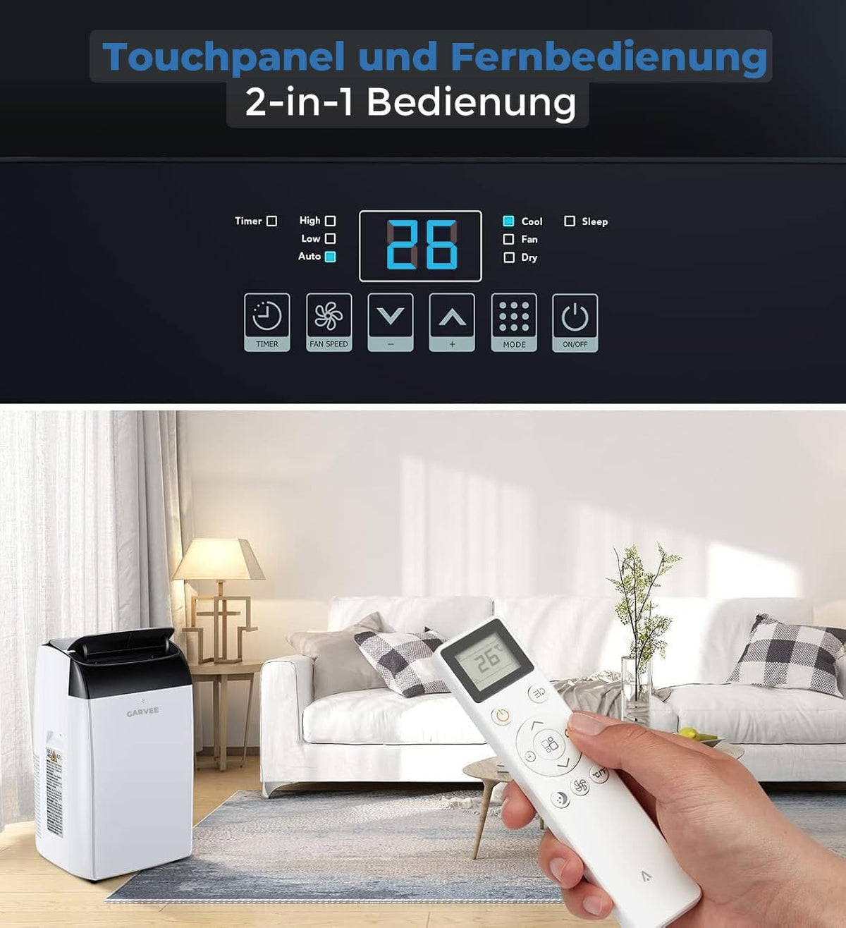 Aire acondicionado portátil Garvee de 10000 BTU, unidad 4 en 1 con refrigeración, deshumidificación y ventilación, funcionamiento silencioso
