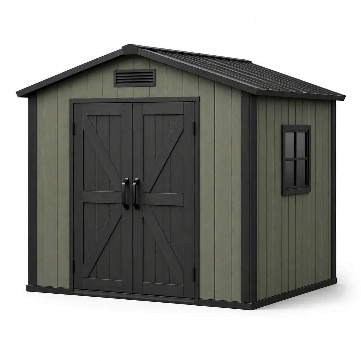 Caseta de jardín de resina 245x245x250 cm verde oliva/negro con puerta doble y ventana