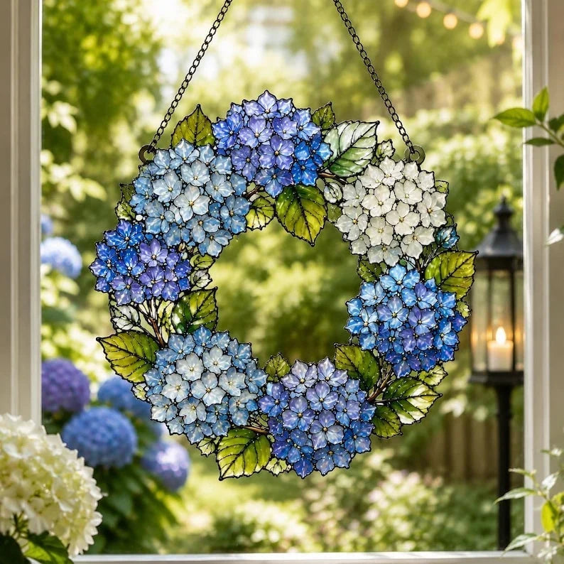 Atrapasol de hortensias, decoración acrílica para ventana con flores de hortensia azules