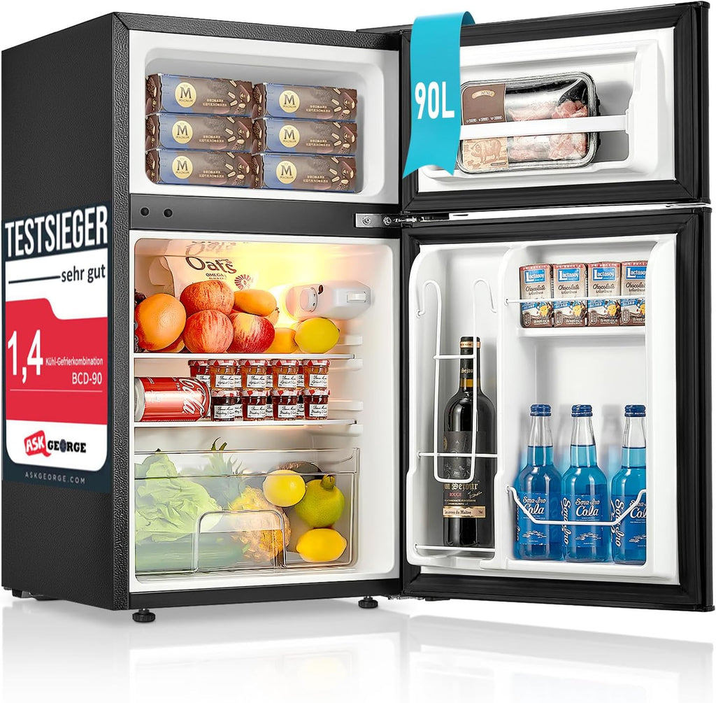 Mini frigorífico FOHERE con congelador, pequeño, 90 L (26 L de congelador | 64 L de frigorífico), para dormitorio, termostato de 7 niveles, eficiencia energética, 43 dB, con puerta reversible, para residencias y apartamentos