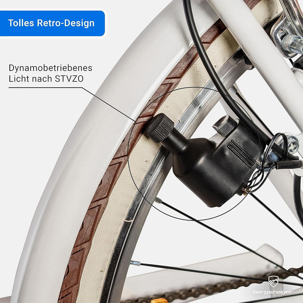 Bergsteiger Marseille 26, 28 pulgadas, bicicleta de paseo para mujer, a partir de 150 cm, cesta de mimbre, luz para bicicleta, bicicleta urbana para mujer, bicicleta de mujer con diseño retro, cambio Tourney de 6 velocidades, cambio de marchas por cadena