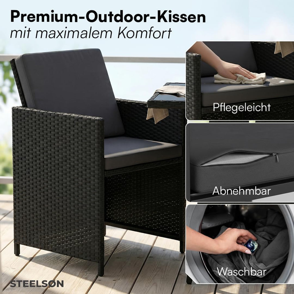 STEELSØN Xenara Conjunto de comedor de 3 piezas, 2 personas, negro/antracita, ratán