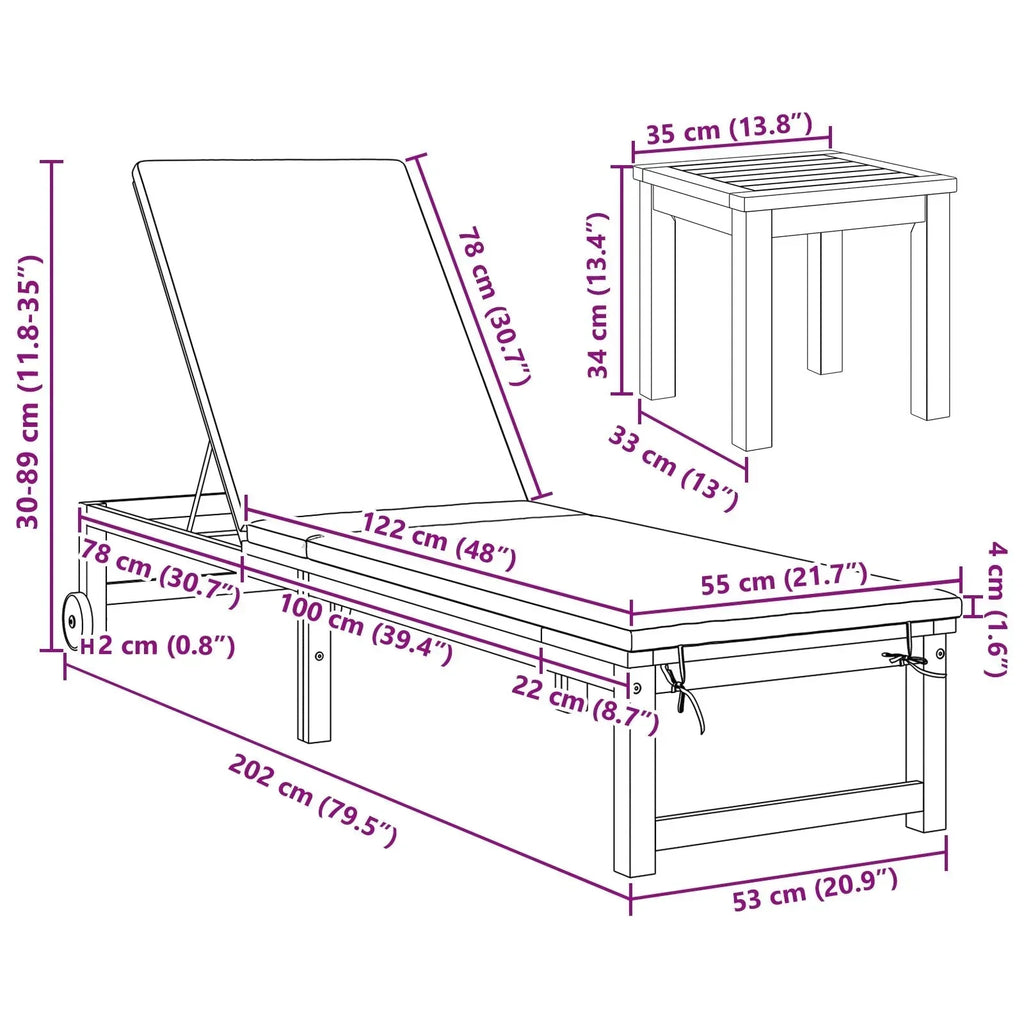 2025 Tumbonas 2 uds con Mesa y Cojines de Madera Maciza de Acacia, Tumbona con Cojines Crema de Madera Maciza de Acacia, Mesa Auxiliar de Jardín 35x35x34 cm de Madera Maciza de Acacia V8526