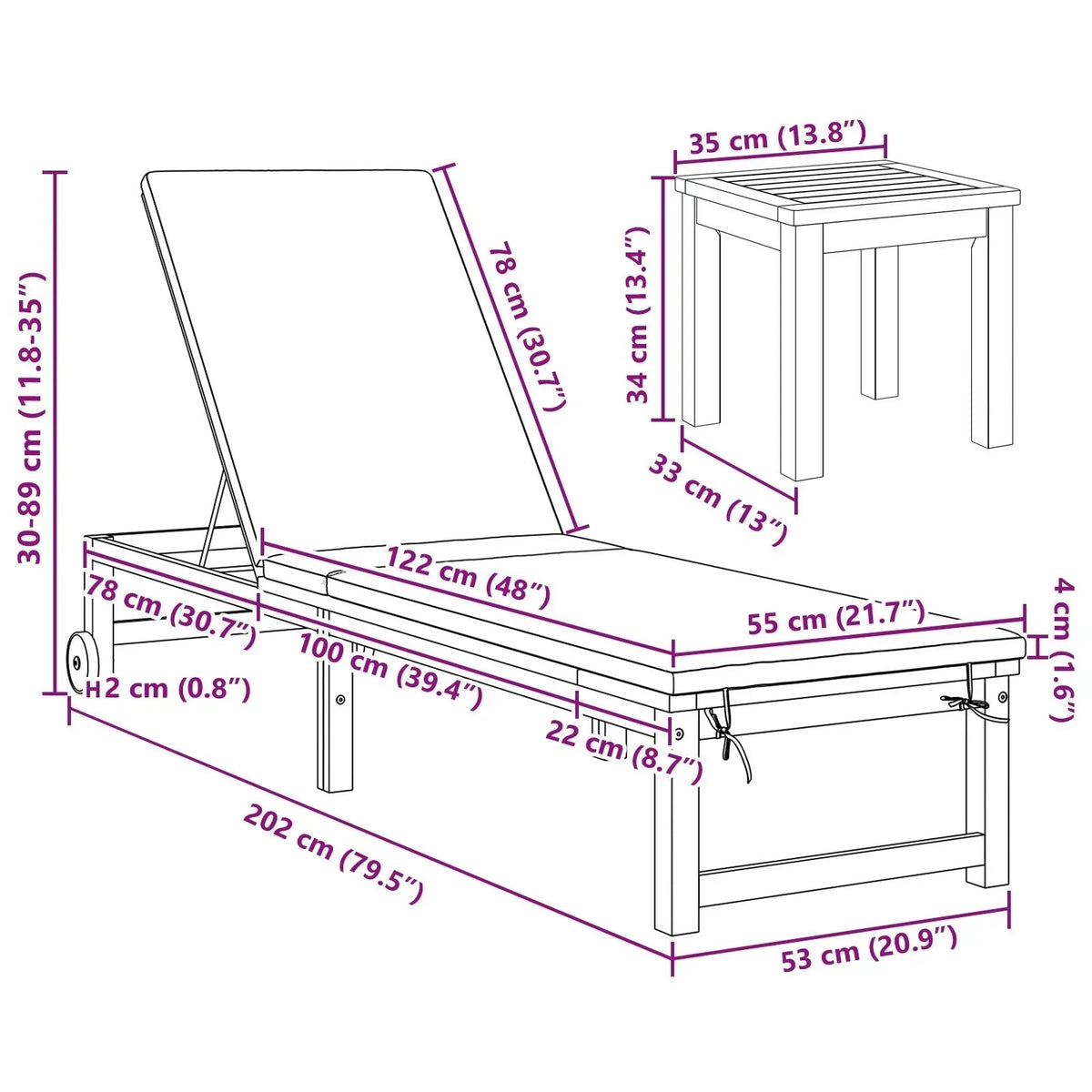2025 Tumbonas 2 uds con Mesa y Cojines de Madera Maciza de Acacia, Tumbona con Cojines Crema de Madera Maciza de Acacia, Mesa Auxiliar de Jardín 35x35x34 cm de Madera Maciza de Acacia V8526