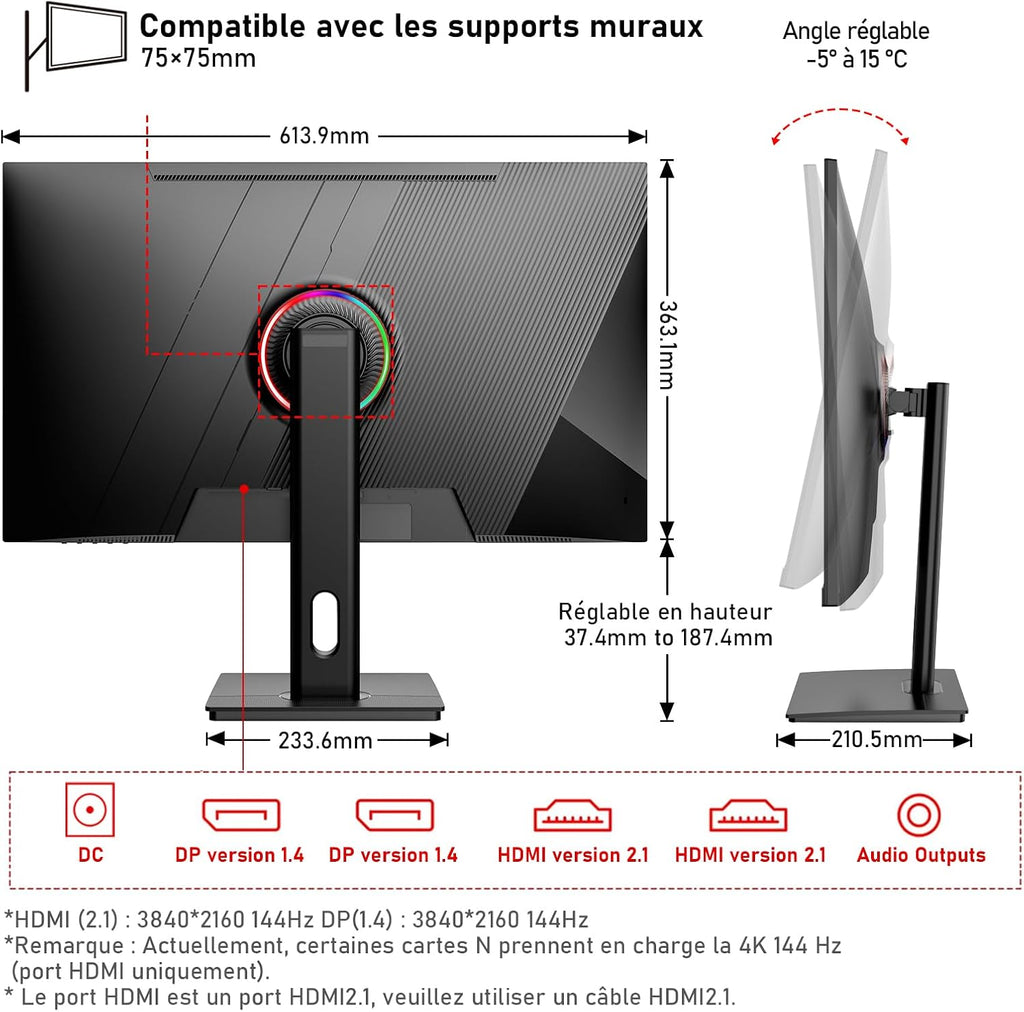 Gawfolk Monitor de PC 27 pulgadas IPS, monitor de juegos 4K UHD 144Hz, 1ms, FreeSync, 128% sRGB, ángulo de visión amplio de 178°, HDMI 2.1, DisplayPort, ajustable en altura y giratorio, VESA 75 * 75mm - Negro