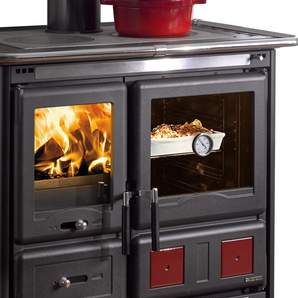 Cocina de leña La Nordica Rosa L 16, acero antracita negro, 9,5 kW, horno con ventana de visualización, placa de cocción de hierro fundido