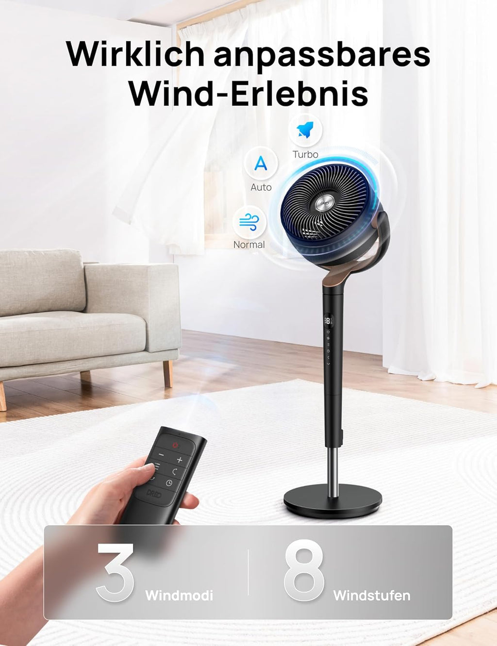 Ventilador de pie silencioso DREO de 23 dB, ventilador oscilante omnidireccional de 120°+120°, alcance de aire de 27 m, circulador de aire turbo real con un volumen de aire de 1615 m³/h, altura de 89-102 cm, 3 modos y 8 velocidades