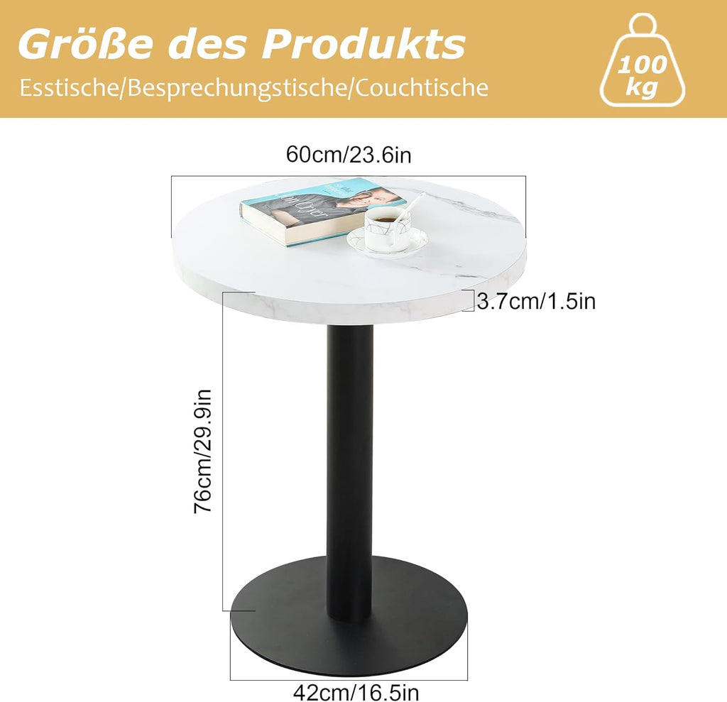 Mesa de comedor Mingone pequeña y redonda de 60 cm, mesa de cocina con tablero de mármol y pata metálica para salón, balcón y comedor, blanca
