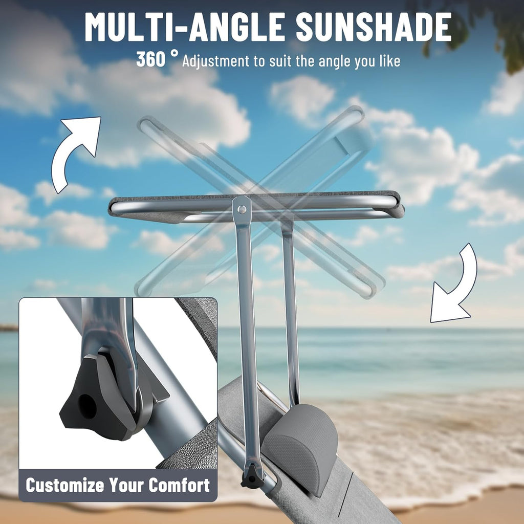 Set de 2 tumbonas plegables 194 x 68 x 29 cm, silla de aluminio con capacidad de hasta 150 kg, tumbona de playa y jardín resistente a la intemperie, con protección solar y respaldo ajustable, gris claro