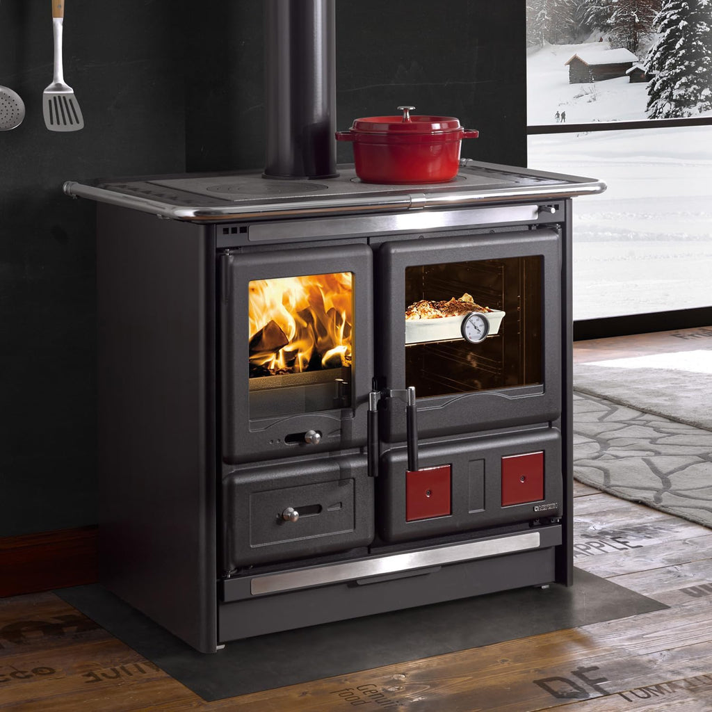 Cocina de leña La Nordica Rosa L 16, acero antracita negro, 9,5 kW, horno con ventana de visualización, placa de cocción de hierro fundido
