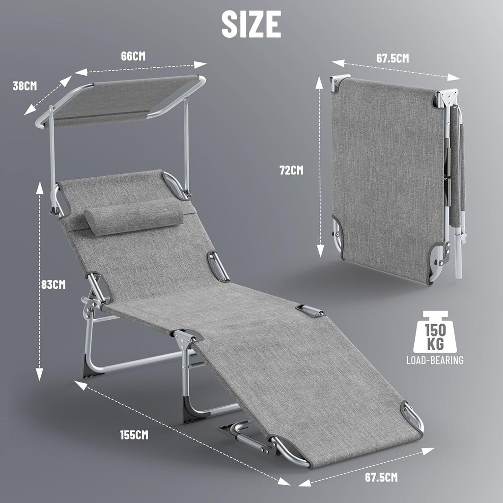 Set de 2 tumbonas plegables 194 x 68 x 29 cm, silla de aluminio con capacidad de hasta 150 kg, tumbona de playa y jardín resistente a la intemperie, con protección solar y respaldo ajustable, gris claro