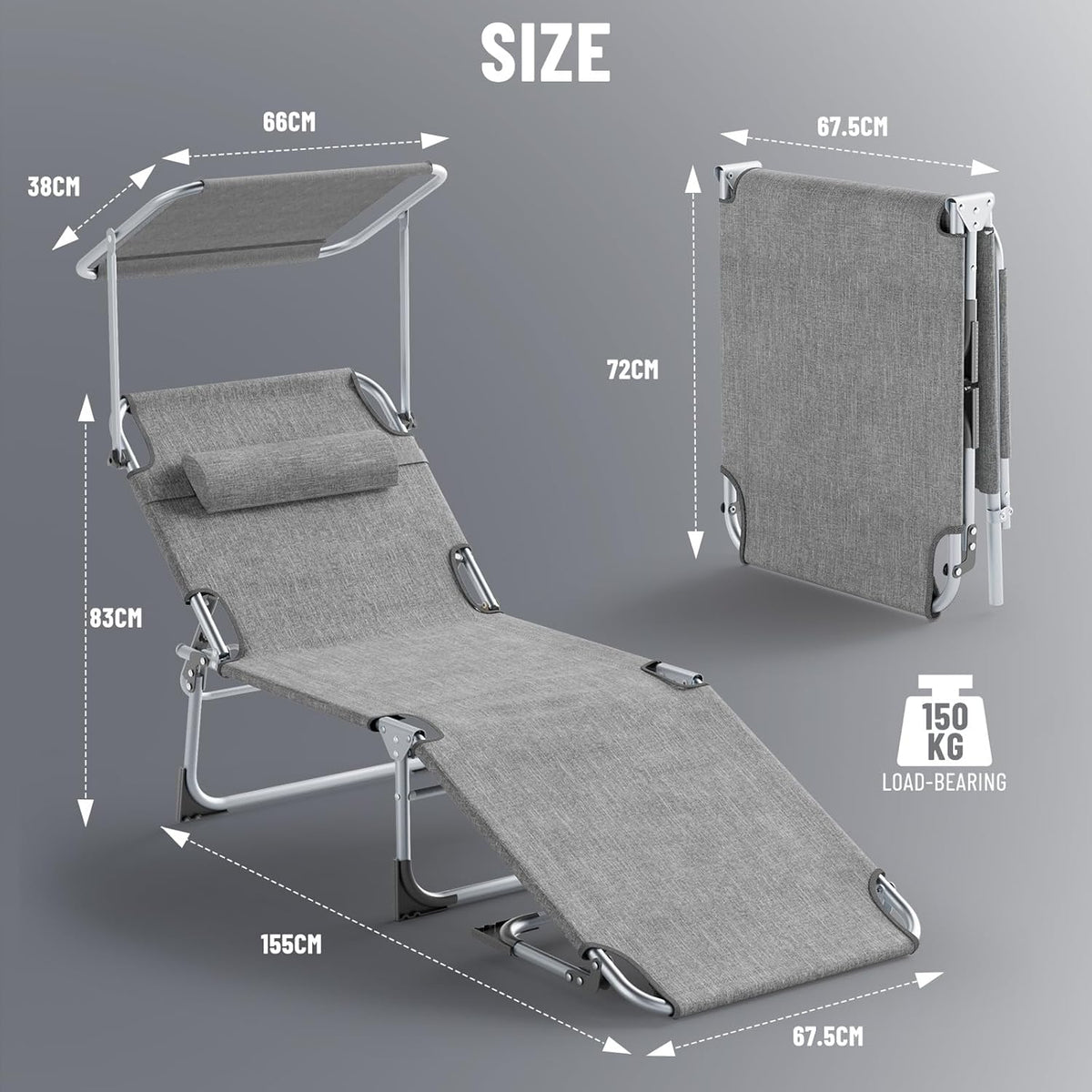 Set de 2 tumbonas plegables 194 x 68 x 29 cm, silla de aluminio con capacidad de hasta 150 kg, tumbona de playa y jardín resistente a la intemperie, con protección solar y respaldo ajustable, gris claro