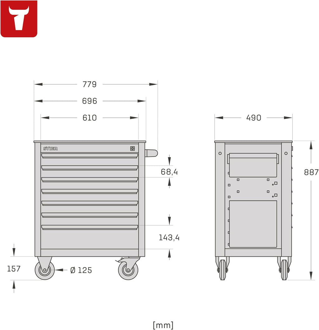 Carro de herramientas STIER, sin equipar - vacío, carro de taller, carro de montaje, con guías de cajón con rodamientos de bolas, 7 cajones, capacidad de carga por cajón 35 kg, carga máx. 300 kg, neumáticos de goma maciza