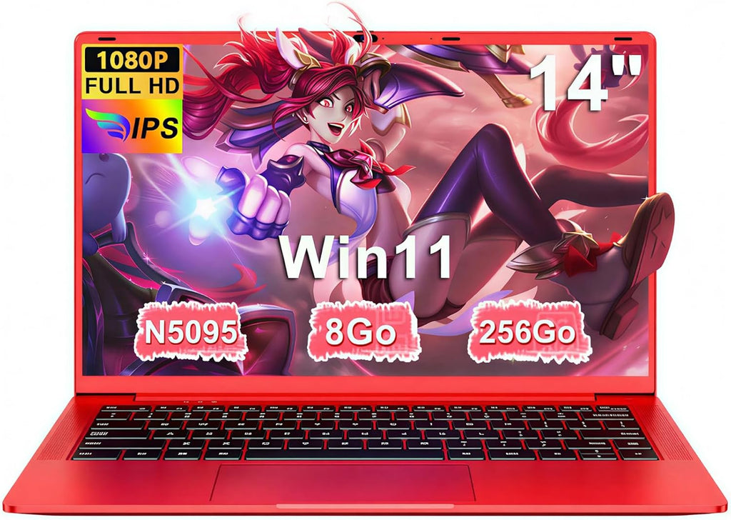 Ordenador portátil de 14 pulgadas Celeron N5095 hasta 2,9 GHz, PC portátil Win11, 8 GB de RAM, SSD de 256 GB, ampliación a 1 TB, portátil con ratón inalámbrico, teclado QWERTY con membrana de teclado AZERTY - Rojo metalizado-1