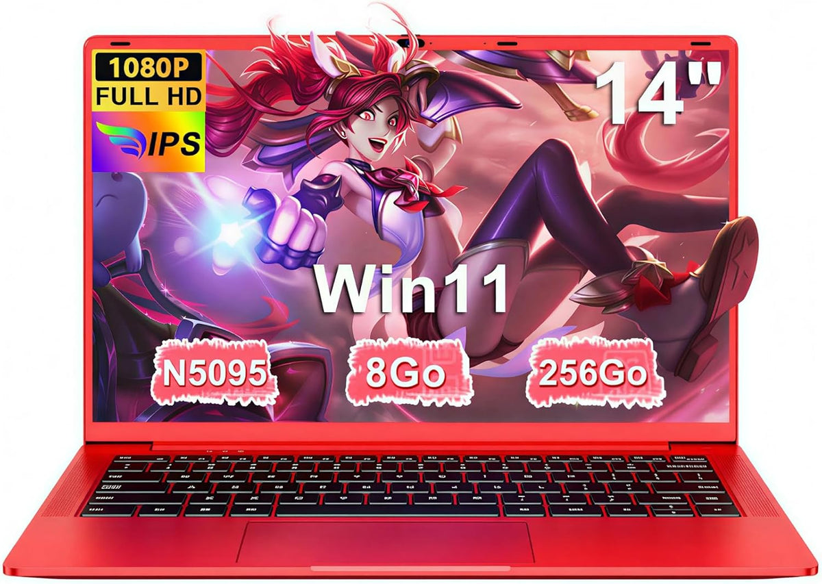 Ordenador portátil de 14 pulgadas Celeron N5095 hasta 2,9 GHz, PC portátil Win11, 8 GB de RAM, SSD de 256 GB, ampliación a 1 TB, portátil con ratón inalámbrico, teclado QWERTY con membrana de teclado AZERTY - Rojo metalizado-1