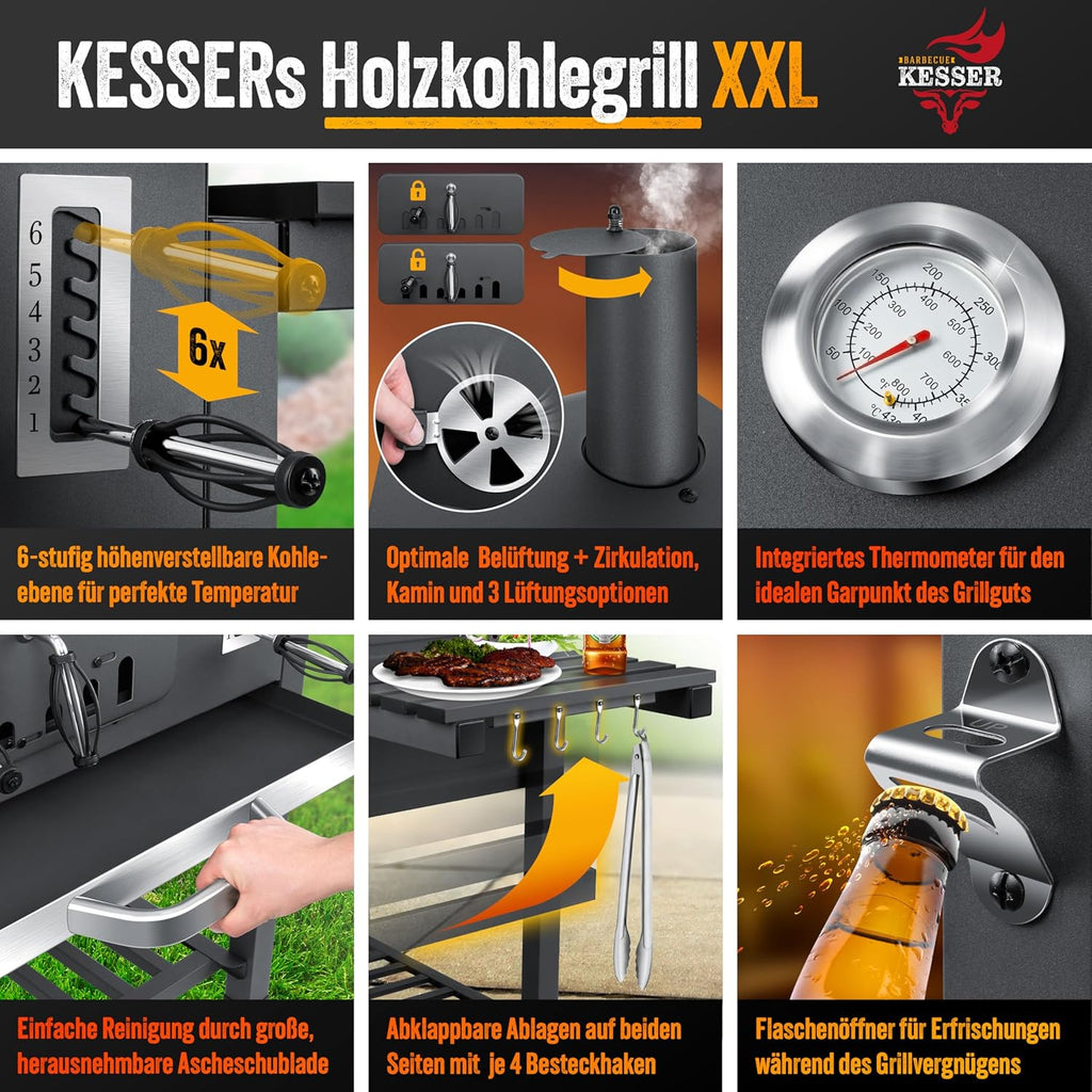 KESSER® Barbacoa Carrito BBQ Smoker XXL Parrilla de carbón con tapa, ruedas, asa de acero inoxidable, rejilla y termómetro, 8 brochetas con estuche y pincel de silicona, parrilla de pie, carrito de carbón