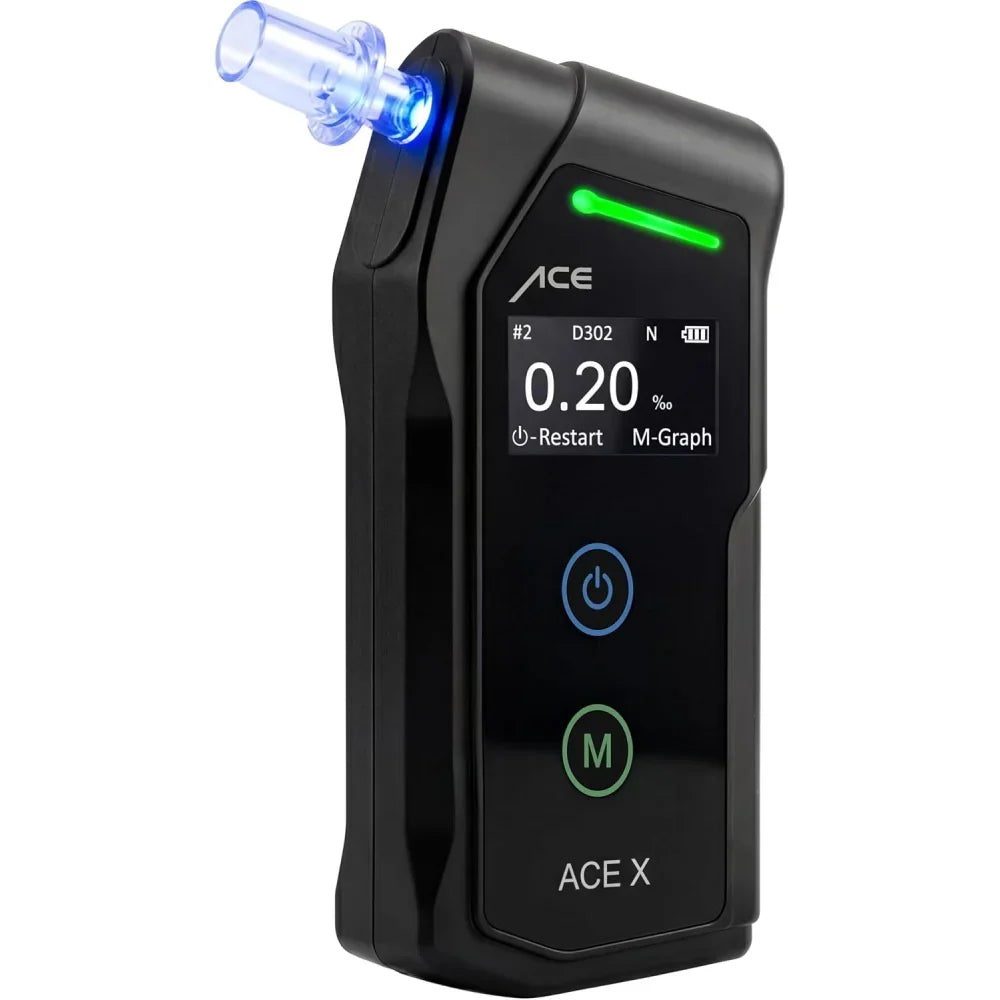 Alcoholímetro con sensor electroquímico, función de memoria, incluye boquillas, estuche de transporte y pilas AAA