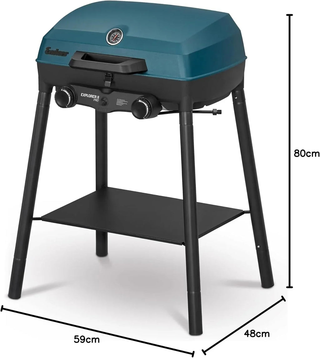 Barbacoa de gas Explorer II Pro 2108 con 2 quemadores de acero inoxidable de 4,4 kW, termómetro de barbacoa, barbacoa de mesa para camping con parrilla
