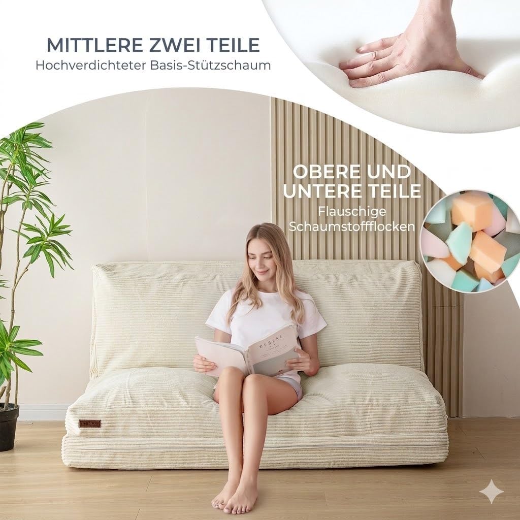 Cama tipo puf MAXYOYO, plegable, pana, sofá cama, colchón de suelo para adultos, extra grueso, plegable en 4 partes, sofá de suelo para dormitorio, sala de estar, beige, 75 x 240 cm