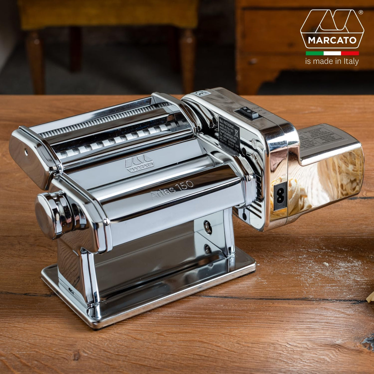 Máquina de pasta eléctrica Marcato Atlas 150 + motor, Atlasmotor, para pasta, lasaña, fettuccine, tagliolini, de acero inoxidable