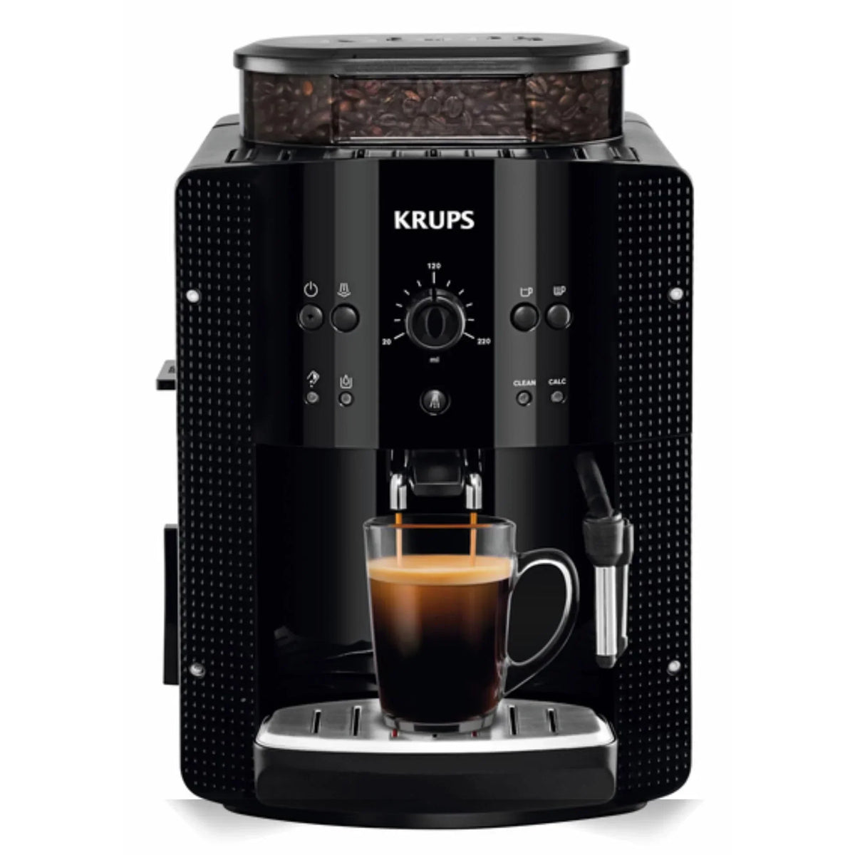 2025 Krups Essential - Cafetera superautomática, 15 bares de presión, molinillo cónico de metal, con selección de cantidad e intensidad de café, 1,7 l, 1 taza, acero, pantalla LCD + accesorios para leche