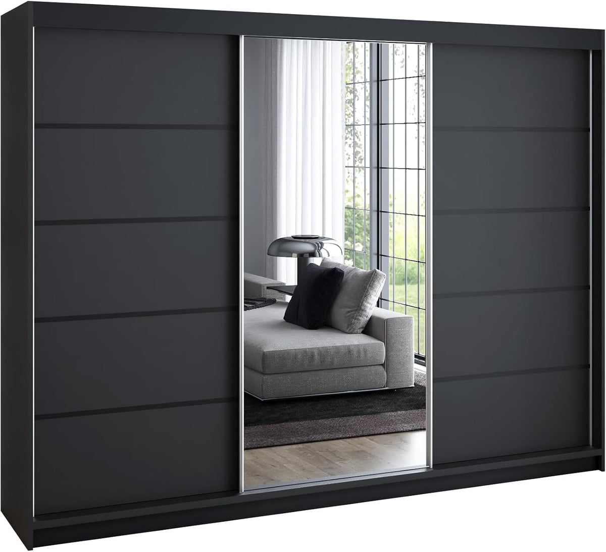 A&J MöbelLand Armario de puertas correderas VILUNO 2, armario de 3 puertas de 200 cm con espejo, 4 cajones y 2 barras para ropa, armario espacioso para dormitorio (negro)