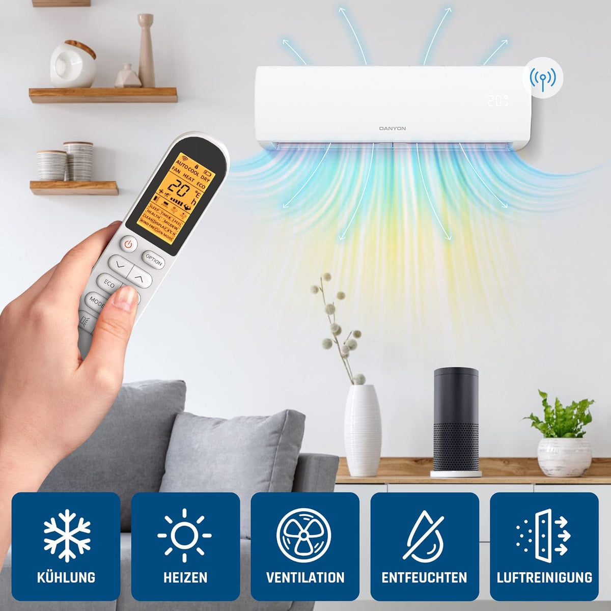 Aire acondicionado Danyon Split - 12000 BTU - 3,4 kW, autolimpieza, silencioso, hogar inteligente, aire acondicionado inverter con función de calefacción, unidad split precargada con refrigerante R32, temporizador, hasta 59 m², kit completo de 5 m