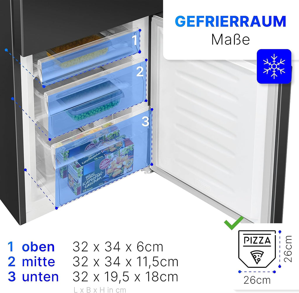 Refrigerador con congelador Bomann® de 143 cm de altura | Frigorífico combi de 175 L con 3 estantes y 3 cajones | Sentido de apertura de puerta reversible | Frigorífico combi silencioso de 39 dB | Frigorífico KG 322.1 aspecto inox