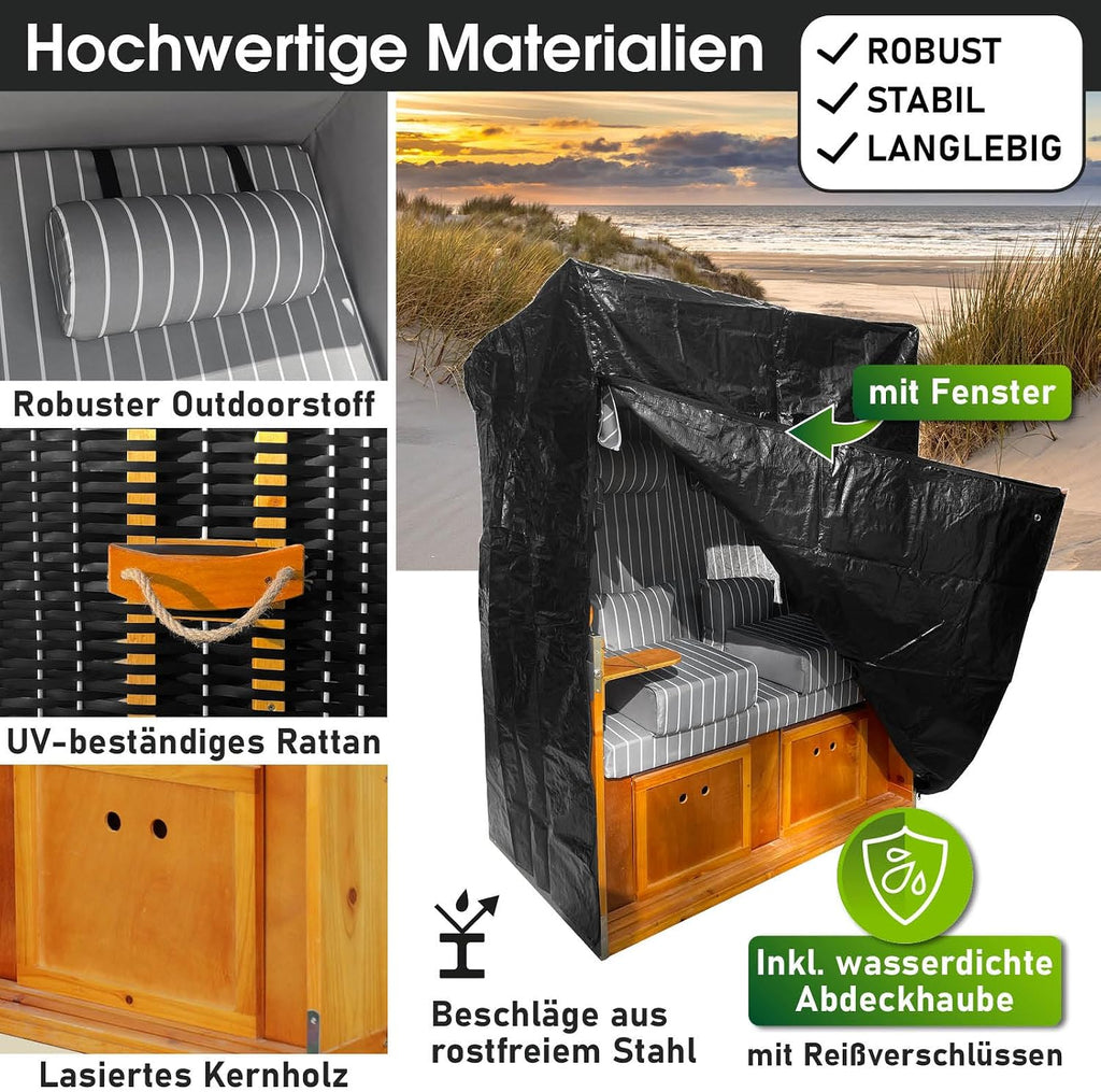 BRAST® Tumbona de playa Rügen Deluxe | para 2 personas | 120 cm de ancho | 5 diseños | incl. funda protectora resistente a la intemperie | respaldo ajustable y cojín de pies suave | Antracita/Gris - a rayas