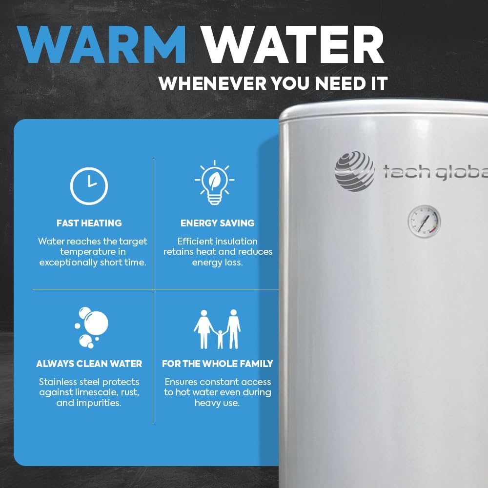 TECHGLOBE - Acumulador de agua sanitaria con 2 intercambiadores de calor (1,8 + 3,1 m²) - Fabricado completamente en acero inoxidable - Acumulador de agua caliente eficiente energéticamente - con aislamiento de 50 mm (300 L)