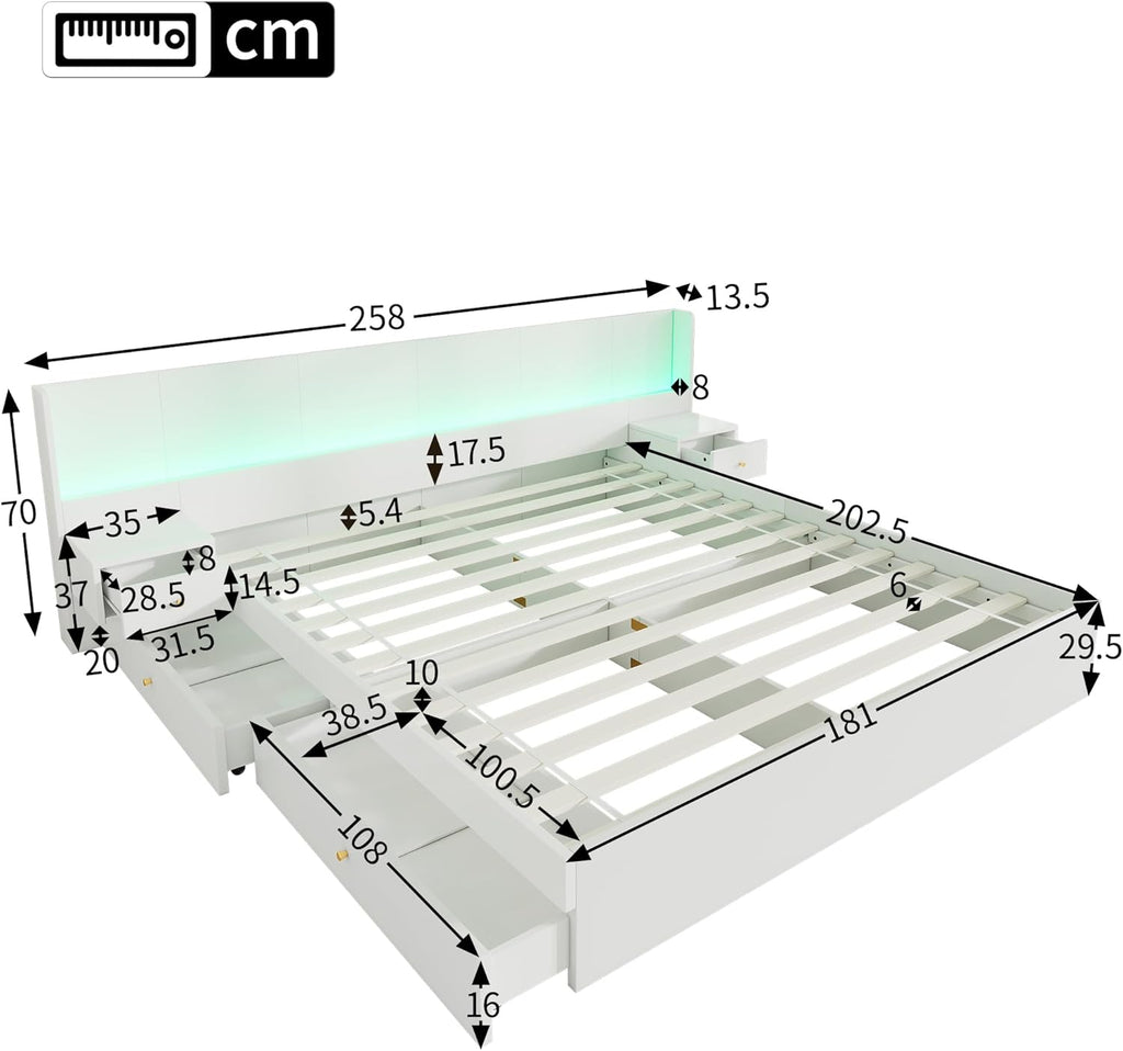 Cama de matrimonio 180x200 con espacio de almacenamiento, 2 cajones, cabecero LED extra ancho con 2 mesitas de noche y puerto USB, cama de madera con almacenaje, estructura de cama con somier, cama juvenil, sin colchón, blanco