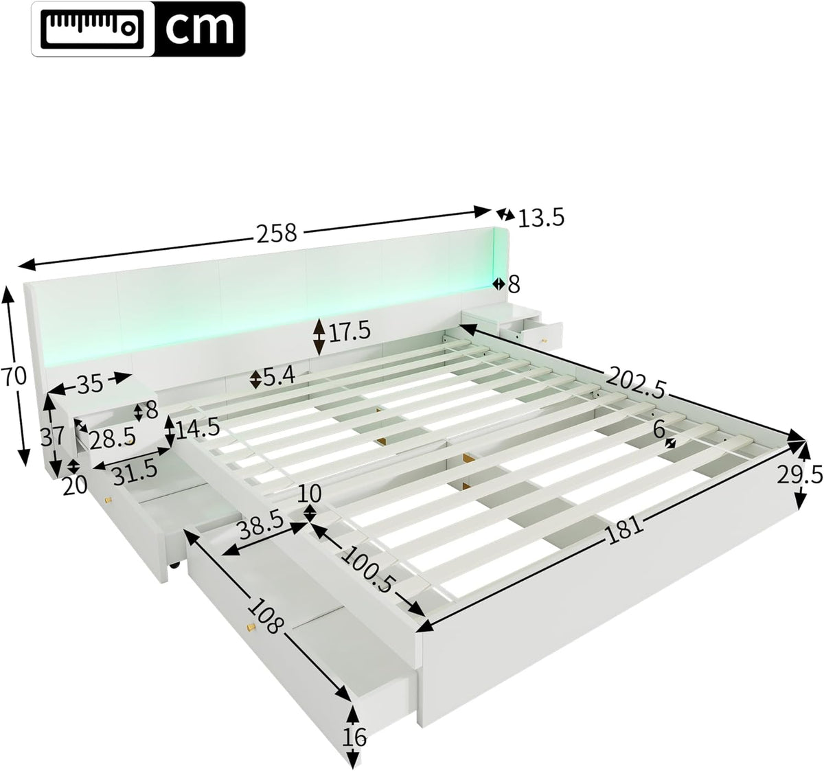 Cama de matrimonio 180x200 con espacio de almacenamiento, 2 cajones, cabecero LED extra ancho con 2 mesitas de noche y puerto USB, cama de madera con almacenaje, estructura de cama con somier, cama juvenil, sin colchón, blanco