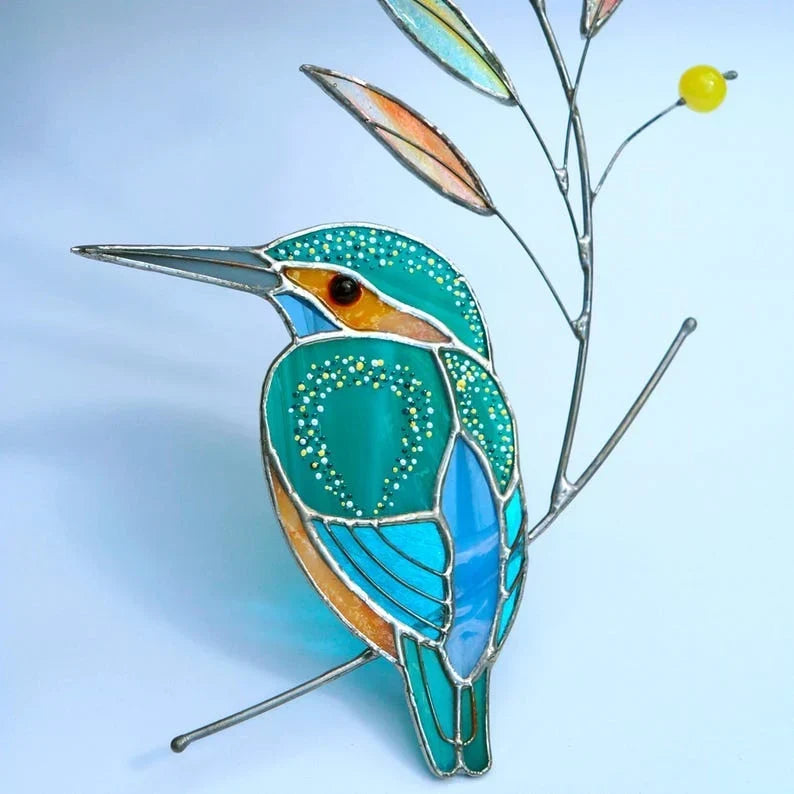 Adorno de ventana de vitral de martín pescador para papá | Regalo de pájaro colorido