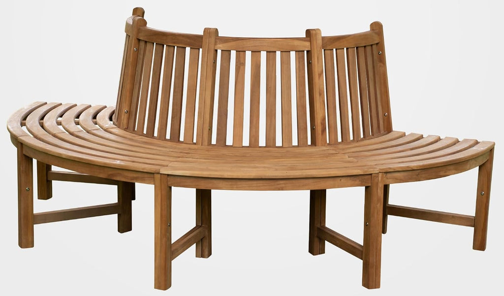 Banco de árbol semicircular Male de CLP de madera de teca maciza I Banco de jardín con capacidad para hasta cuatro personas I Banco de madera natural con respaldo, color: marrón