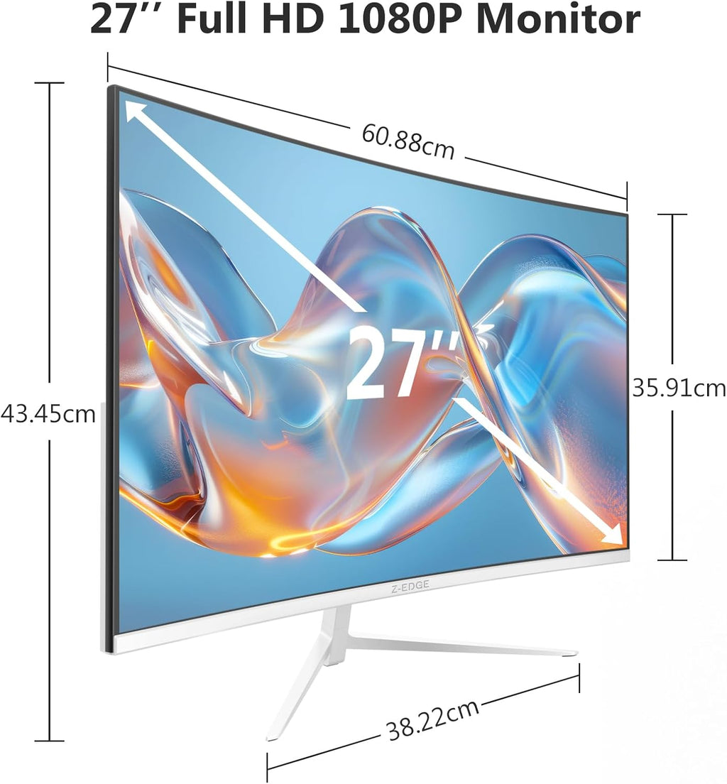 Monitor de PC curvo Z-Edge blanco de 27 pulgadas, 100 Hz, FHD 1080P, monitor de escritorio blanco, VA 1500R sin marco, monitor gaming, 99% sRGB, inclinación ajustable, HDMI y DisplayPort, VESA (cable HDMI incluido)