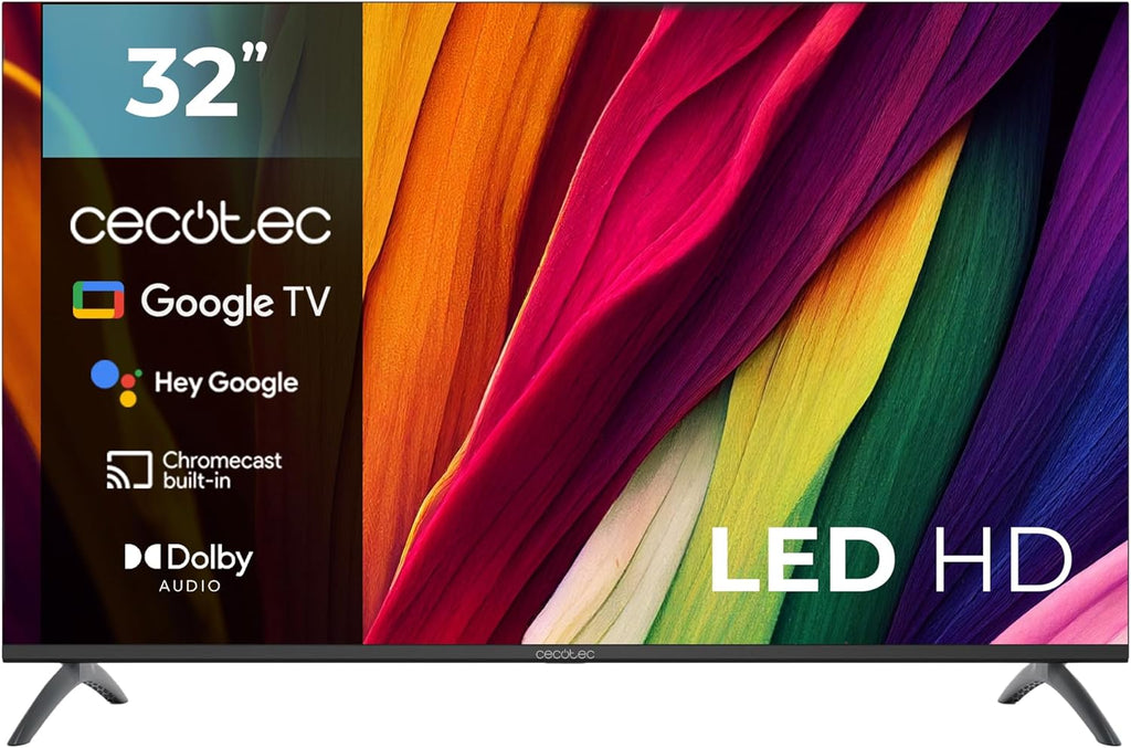 Smart TV Cecotec, televisor LED de 32 pulgadas, resolución HD, serie A4 ALH40032S. Sistema operativo Google TV, Dolby Audio, HDR10, 16 GB de ROM, Bluetooth, Asistente de voz de Google y Chromecast.