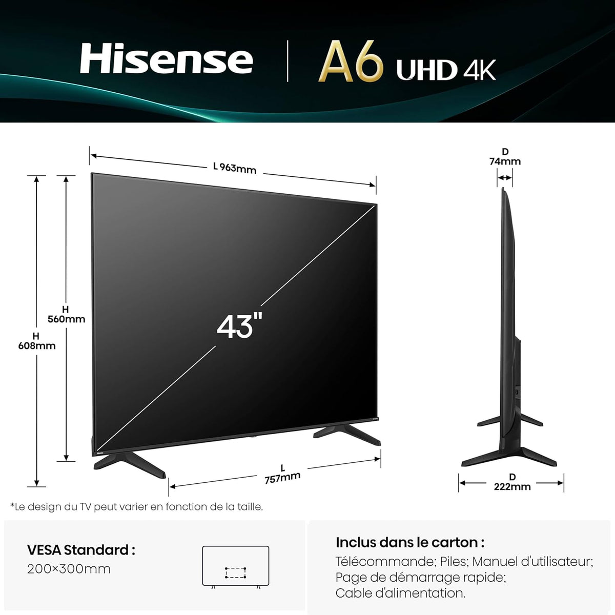 Hisense Smart TV 43 pulgadas 43A6Q 4K UHD Dolby Vision HDR VIDAA con Youtube, Netflix, Disney+, Channel + (Modelo 2025)