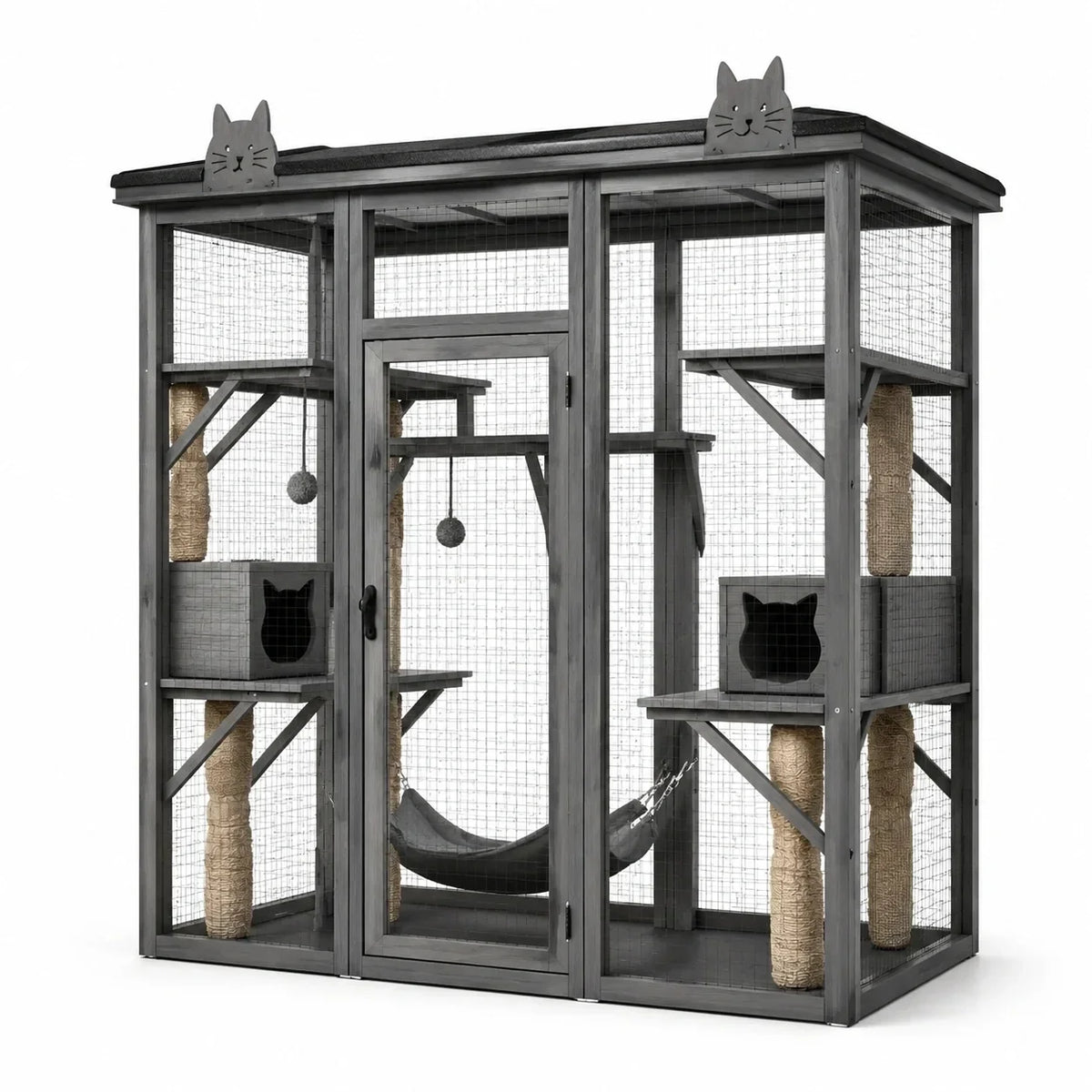 Recinto para gatos de madera y metal, 180 × 100 × 190 cm, gris, con plataformas, postes rascadores y techo