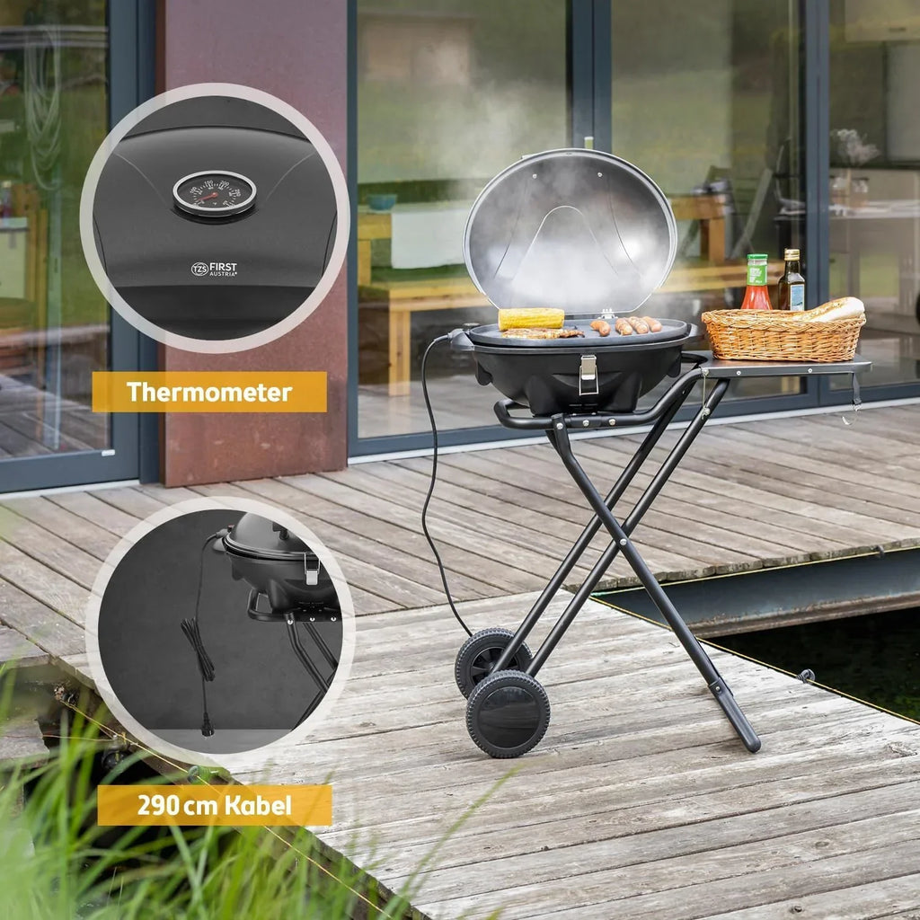 Parrilla eléctrica 2 en 1 de mesa y de pie, 2400 W, con tapa, termómetro, bandeja de goteo y carro con ruedas