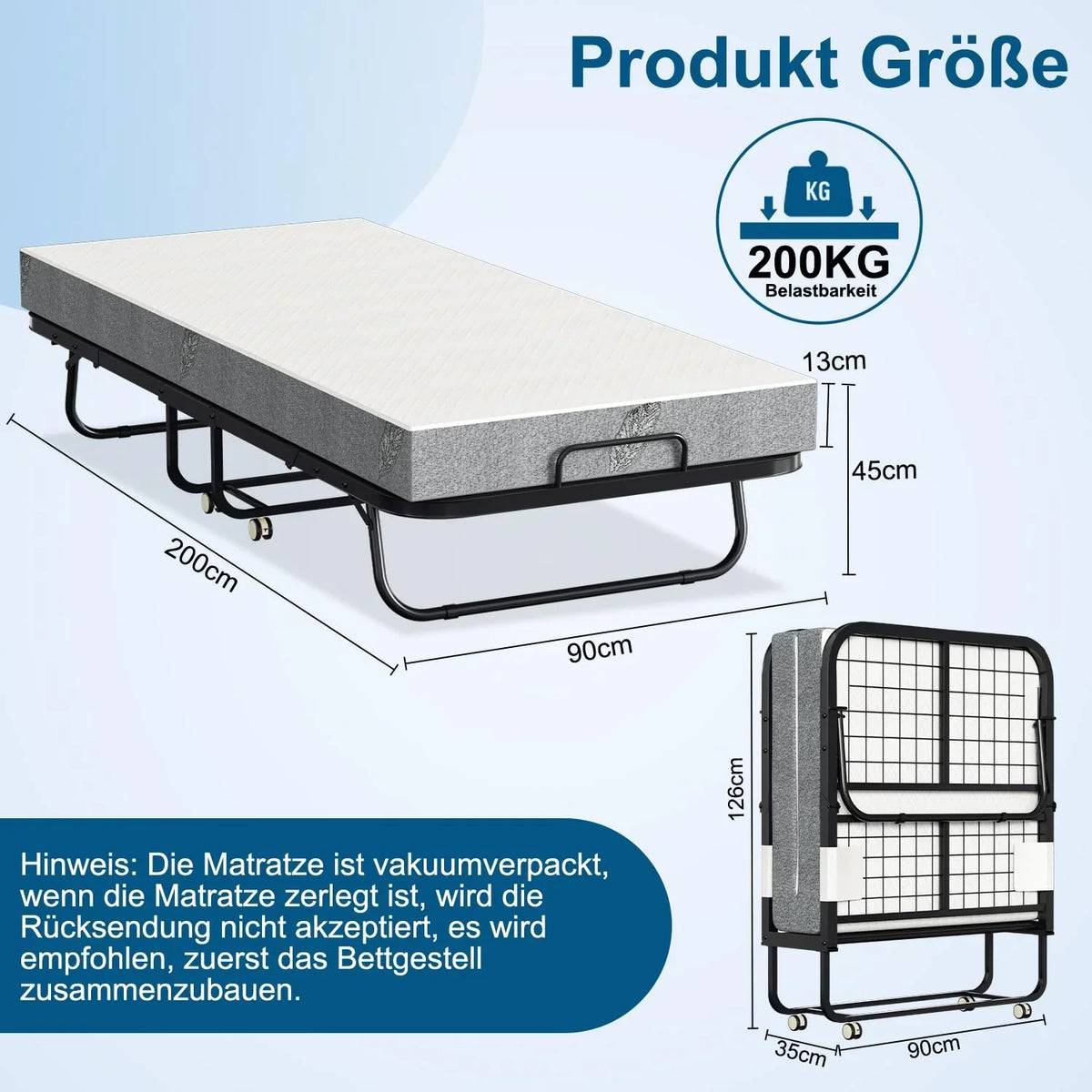 Cama plegable 90 × 200 cm con colchón de 13 cm, hasta 200 kg, marco de metal, ruedas, funda protectora contra el polvo y funda lavable